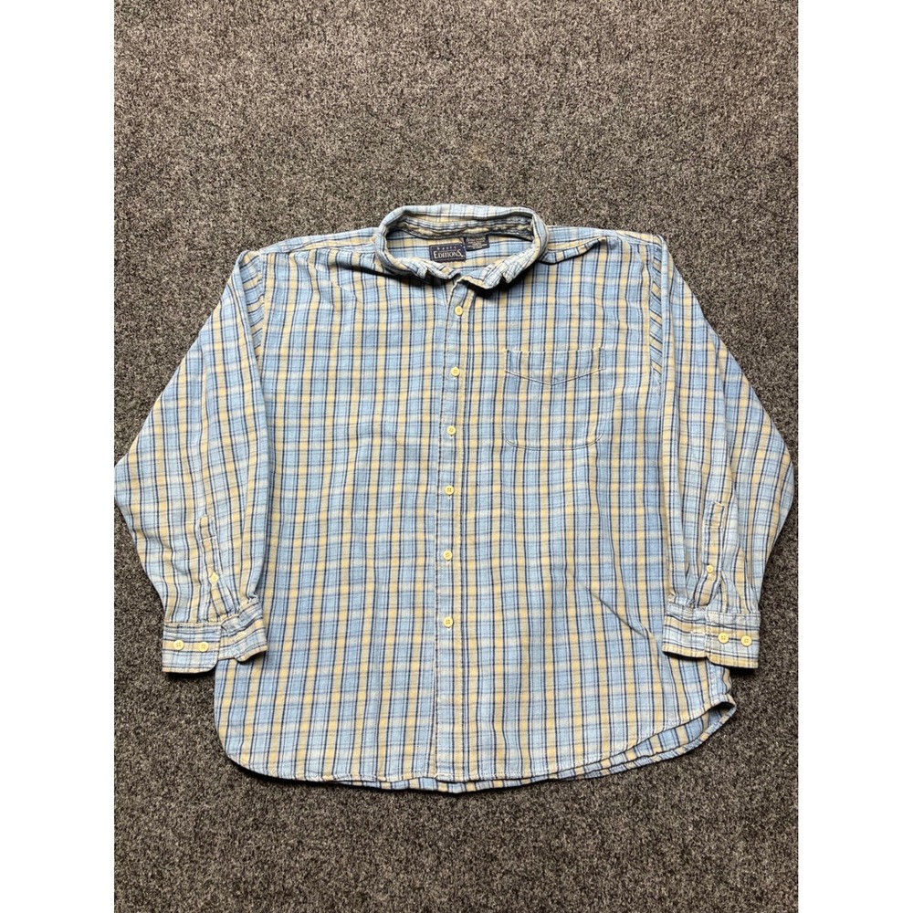 Basic Editions Mens XL Blue Yellow Plaid Flannel Button Down Shirt Cotton L/S